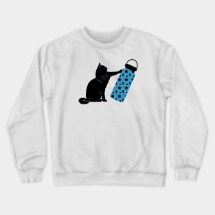 Black cat and blue water bottle Crewneck Sweatshirt